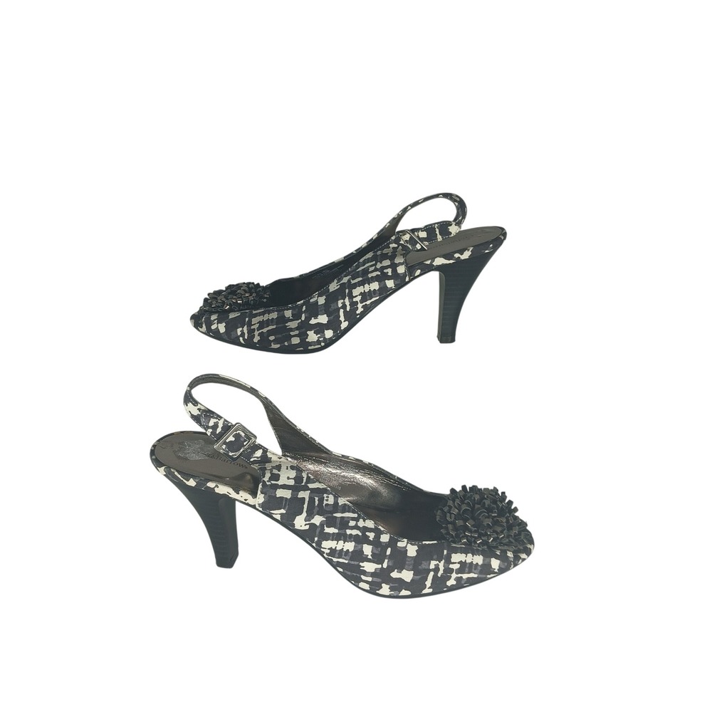 Croft & Barrow Slingback Heels 8.5 Black White Geometric Peep Toe Pom Pom Pump